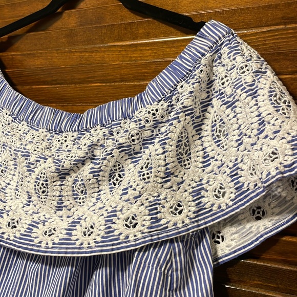 ASOS Blue & White Striped Lace Off Shoulder Top - Picture 3 of 6